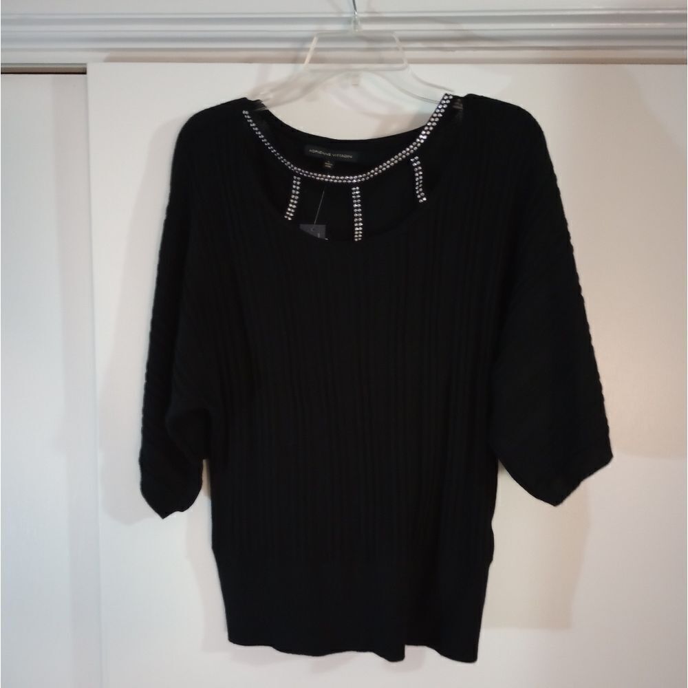 🆕👕Adrienne Vittadini Black Jewel Neck Shirt Sleeve Sweater